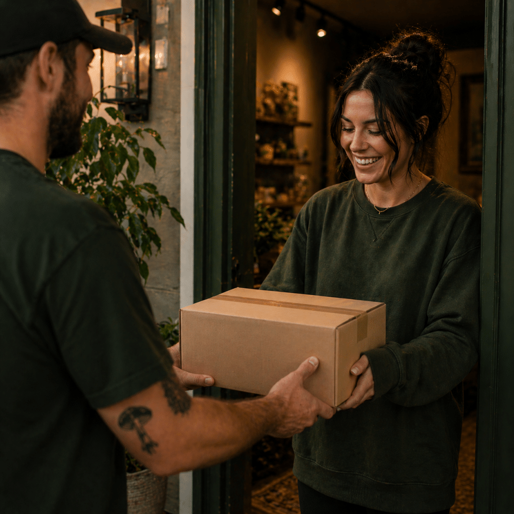 Courier employee dropping off a mushroom delivery