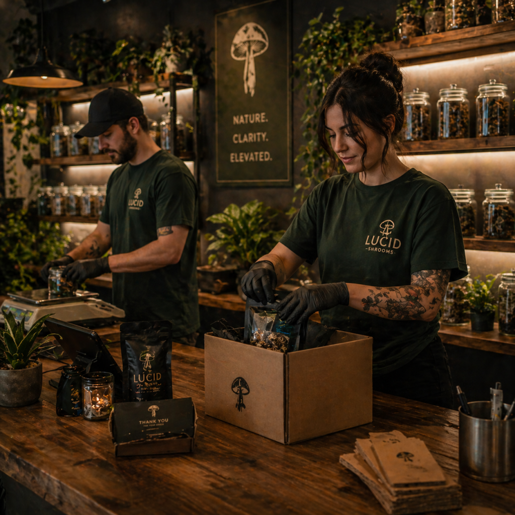 Dispensary workers preparing a mushroom order